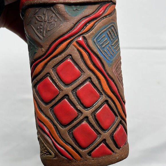 Red and Brown Clay Abstract Vase with Lines & Flowers - Picture 5 of 10